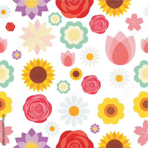 Bright floral seamless pattern with colorful flowers including roses, daisies, tulips, and sunflowers on white background