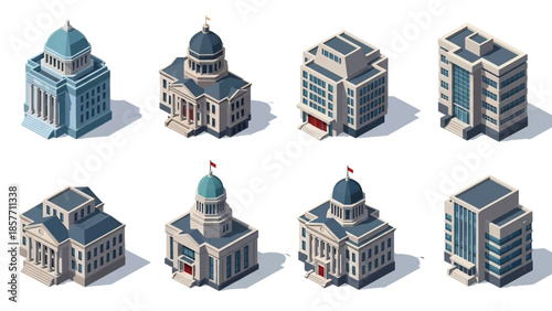 Isometric 3D vector illustration of courthouse buildings in various architectural styles, legal institutions isolated on white, ideal for justice infographics