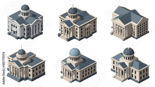 Isometric 3D vector illustration of courthouse buildings in various architectural styles, legal institutions isolated on white, ideal for justice infographics