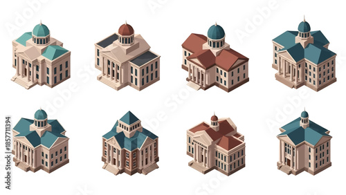 Isometric 3D vector illustration of courthouse buildings in various architectural styles, legal institutions isolated on white, ideal for justice infographics