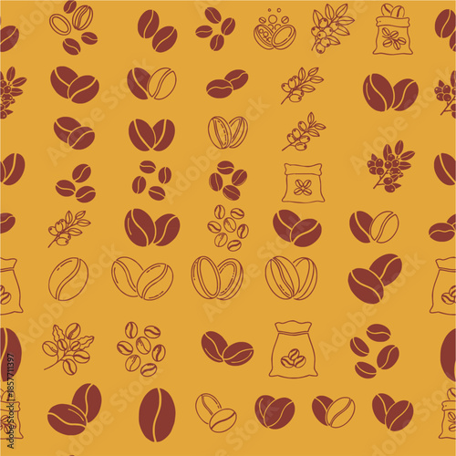 Seamless pattern of coffee beans, branches, and sacks in hand-drawn line style on brown background