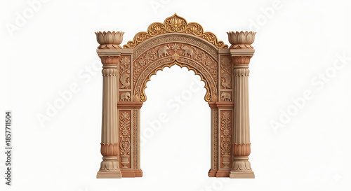 Intricately Carved Indian Archway with Elephant and Peacock Motifs ornate gateway isolated on a transparent background