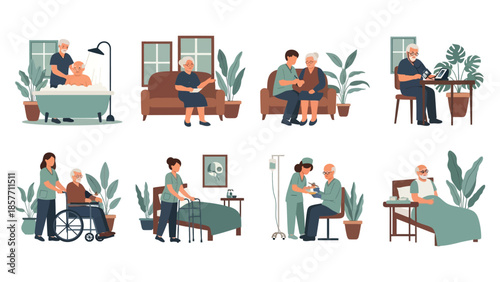 Caregivers and medical staff helping senior people in nursing home