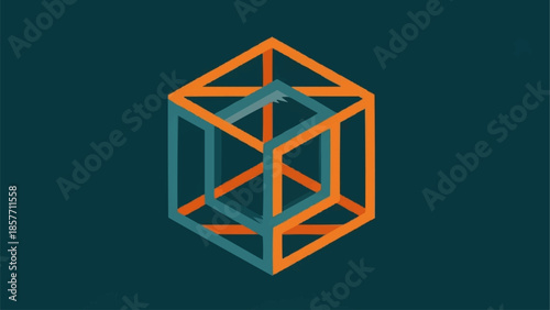 Geometric Cube Illusion - A Captivating Visual Puzzle in Orange and Teal.