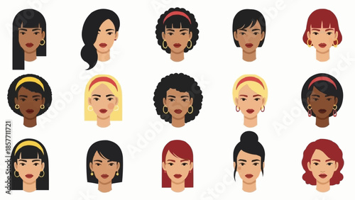 Diverse Collection of Womens Faces in Cartoon Style.