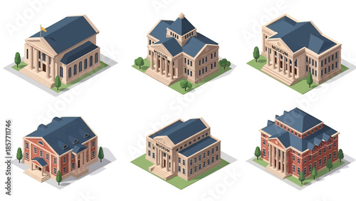 Isometric 3D vector illustration of museum buildings in different architectural styles, cultural institutions isolated on white, ideal for art and culture visuals