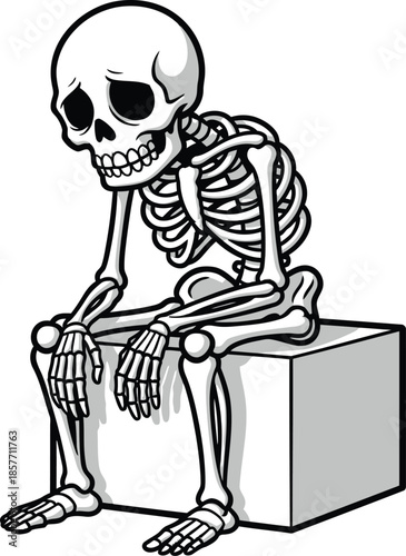 A cartoon skeleton sitting on a cube with a smug expression on its face isolated on vector
