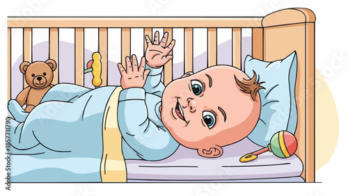Baby in Crib with Toys Illustration.