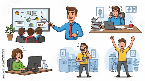 Illustrations of professionals in various work scenarios and emotional states.