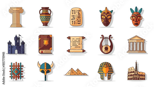 Collection of historical artifacts and symbols from different cultures.