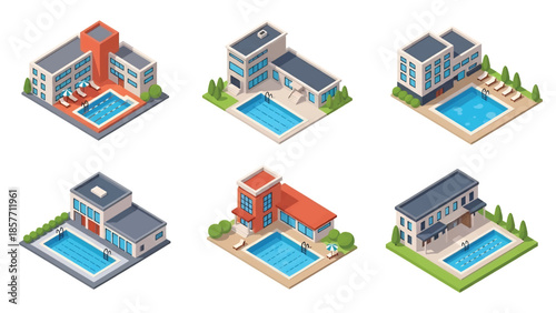 Isometric 3D vector illustration of swimming pool buildings in various architectural styles, isolated on white, ideal for recreation visuals