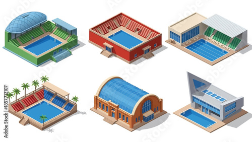 Isometric 3D vector illustration of swimming pool buildings in various architectural styles, isolated on white, ideal for recreation visuals