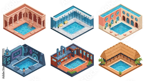 Isometric 3D vector illustration of swimming pool buildings in various architectural styles, isolated on white, ideal for recreation visuals