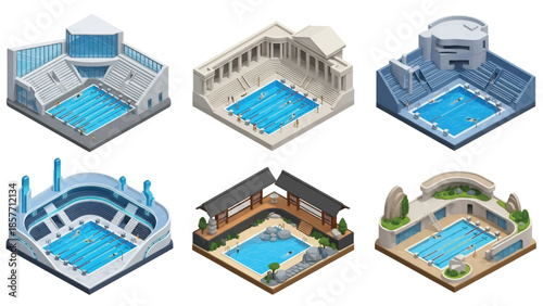 Isometric 3D vector illustration of swimming pool buildings in various architectural styles, isolated on white, ideal for recreation visuals
