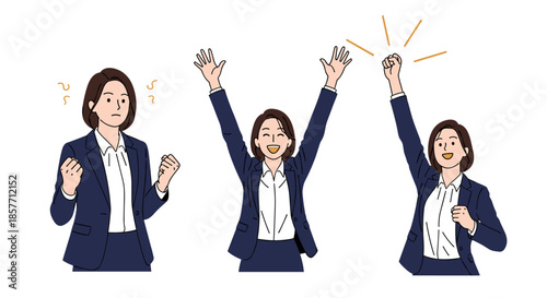 Set of character illustrations showing a professional businesswoman expressing different emotions from frustration to triumphant success and joy.