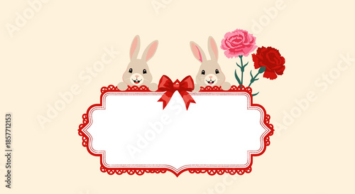 Festive red lace frame featuring cute rabbits and pink and red carnations for Mothers Day or spring greeting card designs.