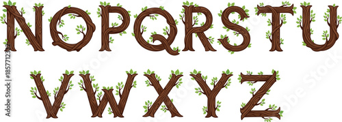 Cartoon Woody Letters N to Z Created from Tree Trunks and Branches with Green Leaves, Isolated on White Background