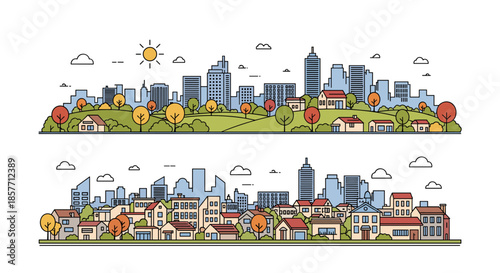 Set of panoramic urban landscape banners featuring a mix of suburban houses, rolling hills, colorful autumn trees, and distant city skylines.