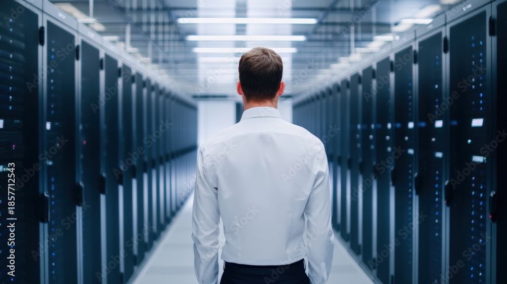 Fototapeta premium Scalable AI infrastructure, A person in a white shirt stands in a data center, surrounded by rows of server racks, highlighting technology and information infrastructure.