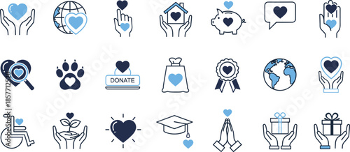 Charity and Donation Icon Set Featuring Hearts Giving Hands Global Care Volunteer Services Non-Profit Organizations Social Responsibility and Community Support Symbols