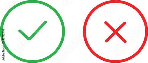 Yes and No Icons Featuring a Green Checkmark and Red Cross Sign in Circles, Approval and Rejection Symbols for User Interface Design
