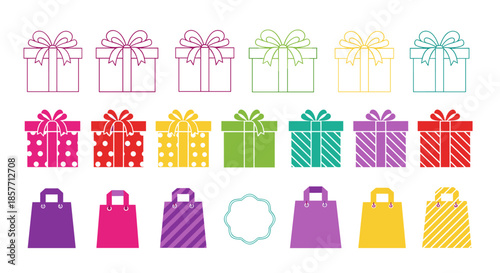 Diverse set of gift boxes and shopping bags in vibrant rainbow colors with patterns like polka dots and stripes for gift themes.