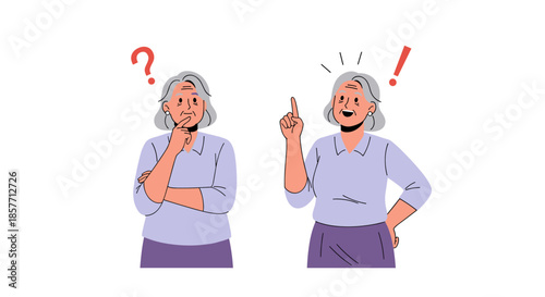 Senior woman character showing two different mental states of confusion with a question mark and sudden inspiration with an exclamation mark.