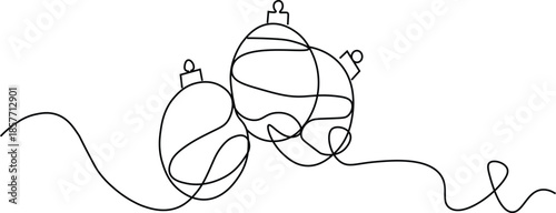 Minimalist continuous line art illustration of Christmas baubles ornaments, elegant holiday decoration vector on white background.