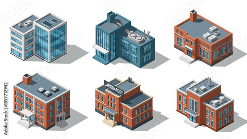 Isometric 3D vector illustration of research laboratory buildings in various architectural styles, isolated on white, ideal for science and innovation visuals
