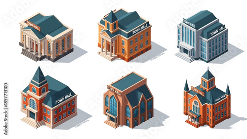 Isometric 3D vector illustration of government administration buildings in various architectural styles, isolated on white, ideal for civic and policy visuals