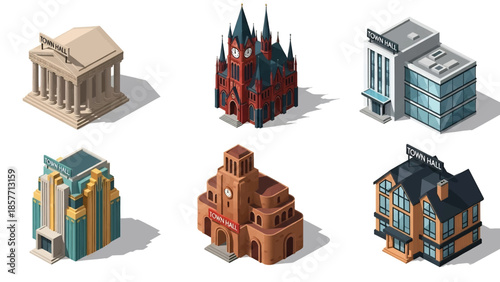 Isometric 3D vector illustration of government administration buildings in various architectural styles, isolated on white, ideal for civic and policy visuals