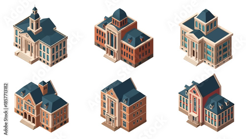 Isometric 3D vector illustration of government administration buildings in various architectural styles, isolated on white, ideal for civic and policy visuals