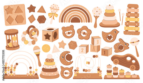 Educational wooden children games, preschool activities concept. Wooden blocks, xylophone, pyramid, montessori games. Flat vector illustration