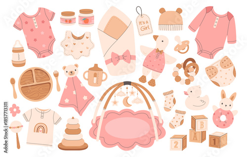 Baby girl care items. Newborn accessories set. Supplies for feeding and caring for newborns and infants. Flat vector illustration