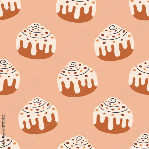 Seamless pattern with cute cinnamon roll with sugar glaze and chocolate. Swirl cinnamon bun. Perfect for banner, wallpaper, wrapping paper, background, card, poster. Vector illustration