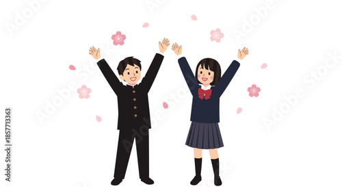Cheerful Japanese school students in uniforms celebrating their graduation or entrance ceremony under falling cherry blossoms.