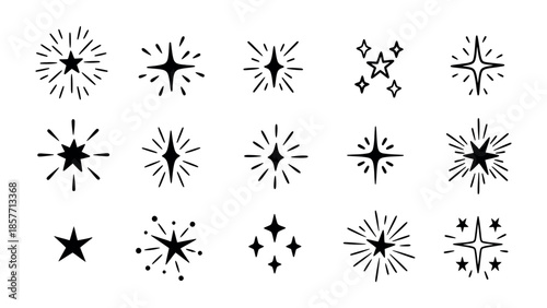 Sparkling Stars: A dazzling array of hand-drawn stars, each radiating with unique bursts of light and energy, perfect for adding a touch of whimsy and brilliance to any creative project.