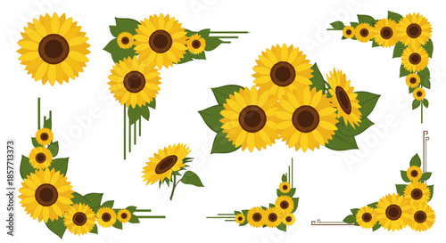 Collection of sunflower themed design elements including corner borders, floral frames, and blooming sunflower bouquets for sunny decor.