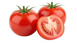 Three ripe red tomatoes PNG isolated on transparent background, fresh whole and halved tomato for healthy eating and cooking