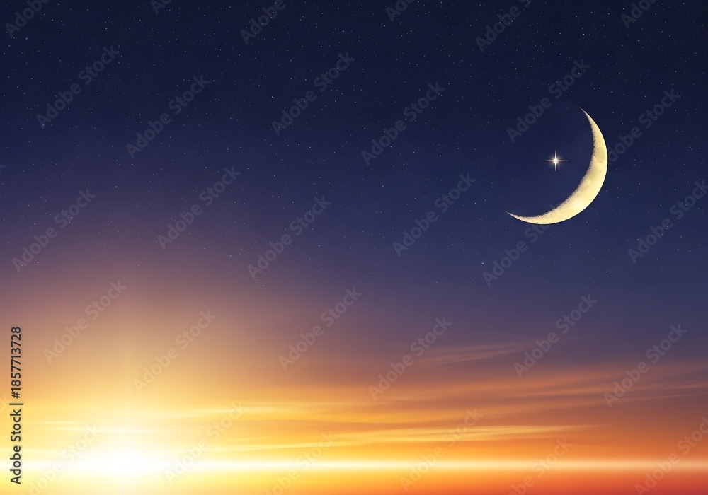 Naklejka premium Crescent moon and star in the night sky with sunset