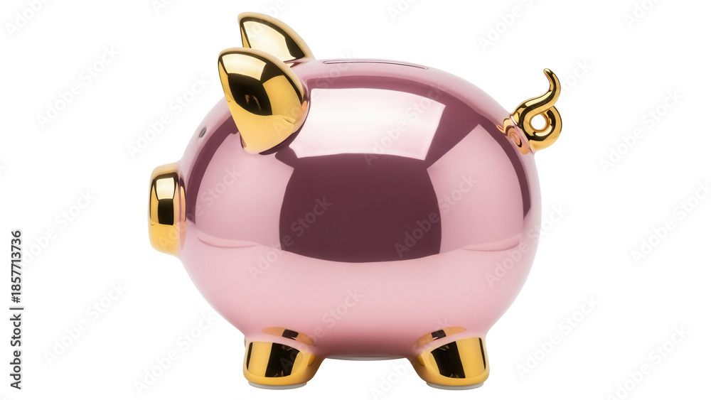 Fototapeta premium Shiny pink piggy bank isolated PNG, golden details on transparent background, savings and investment concept for financial projects