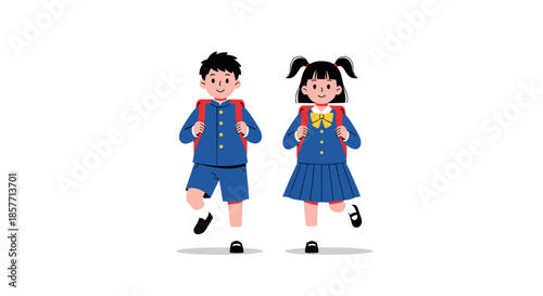Happy elementary school boy and girl in matching blue uniforms walking together with red backpacks on a white background.