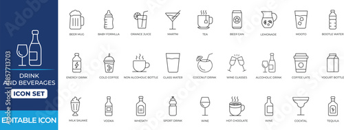 Drink and beverages line icon set with coffee, tea, glasses, pub, bubble, alcoholic, soda, juice, alcohol, cups, and bottles for menus, cafes, apps.