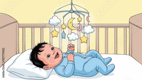 Happy baby lying in crib looking at mobile toy.
