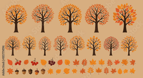 Massive collection of various autumn trees and individual fall leaves with berries and acorns on a warm beige background.