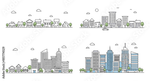 Set of four different city skyline and neighborhood line drawings illustrates urban environments ranging from suburbs to downtown.