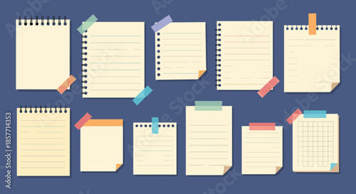Collection of various notebook paper sheets and memo pads with colorful tape and spiral bindings provides realistic paper elements.