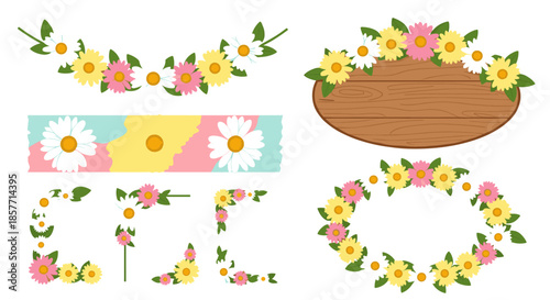 Set of daisy flower frames, borders, and a rustic wooden sign decorated with daisies for spring and summer designs.