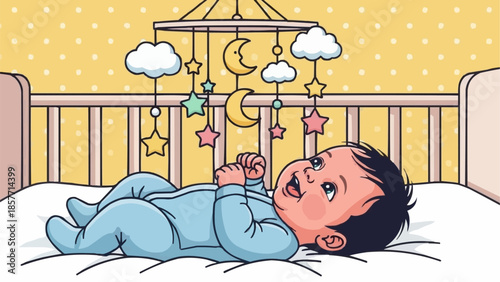 Baby Lying Under Mobile in Crib, Looking Upward with Joy.