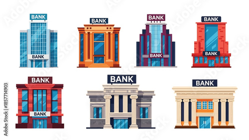 Modern vector illustration set of bank buildings in various architectural styles, isolated on white background, solid colors, ideal for finance, economy, and city design